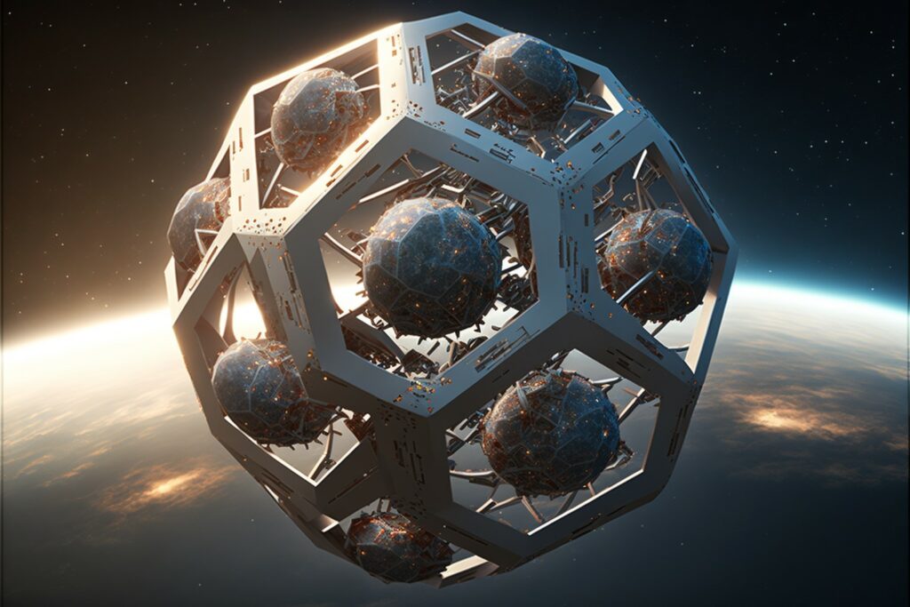 In 2060 Cloud Computing in 2060 futuristic polyhedron datacentre high in the sky