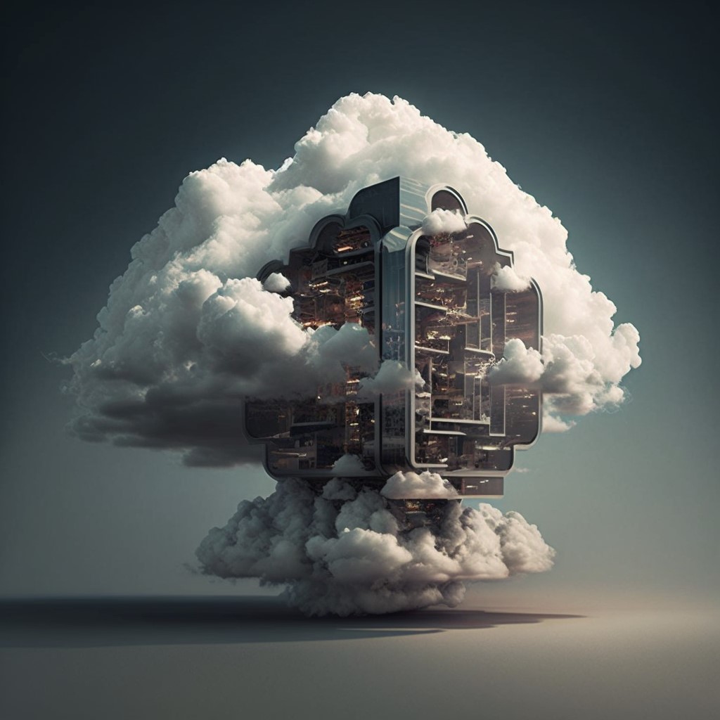 A Futuristic Computer floating in the beautiful cloud